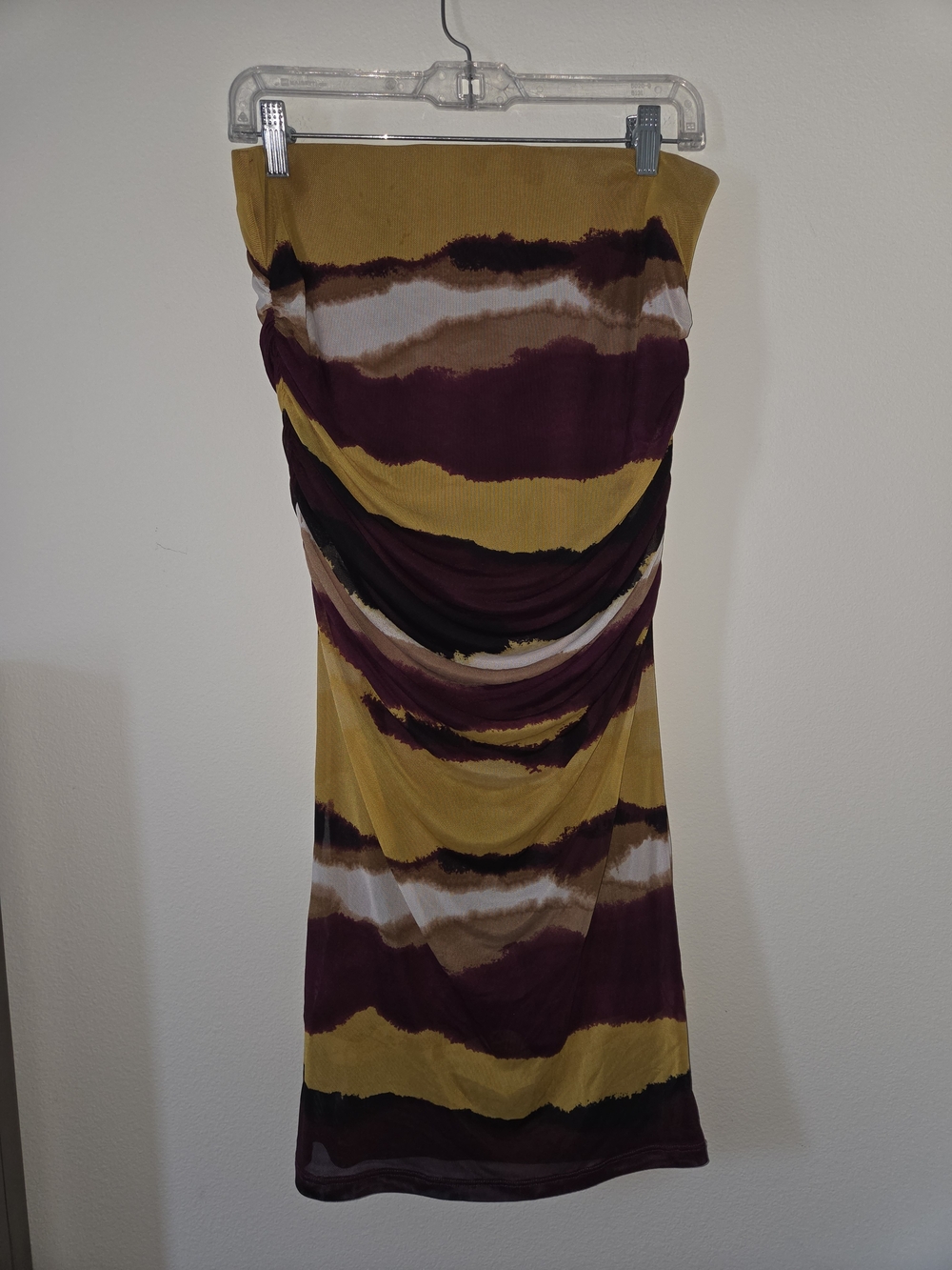 Calvin Klein Strapless Ruched Midi Dress in Mustard and Burgundy
